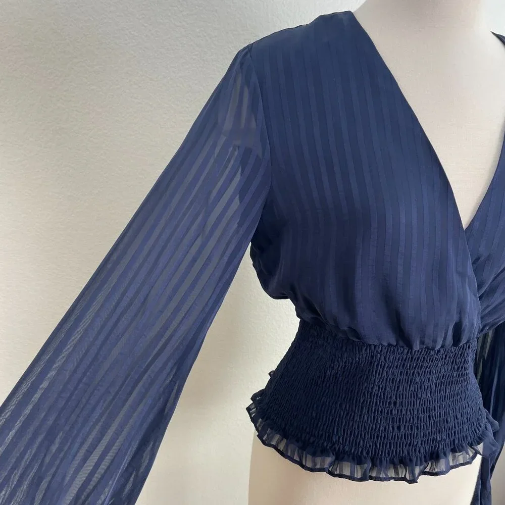 Bardot Womens 6 Navy Blouse Smocked Waist Long Sleeve Shirt Top - Picture 4 of 11